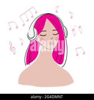 Beautiful young woman in headphones listening to favorite music and smiling. Flat illustration. Cartoon characters isolated on white background. Stock Vector