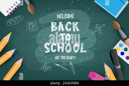 Back to school cute funny text with school supplies and educational elements. Concept design, banner, card, greeting. Vector illustration. Stock Vector