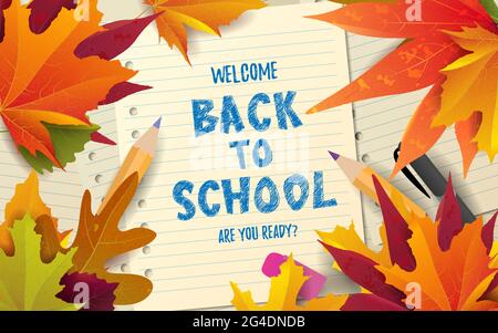 Back to school cute funny text with school supplies and educational elements. Concept design, banner, card, greeting. Vector illustration. Stock Vector