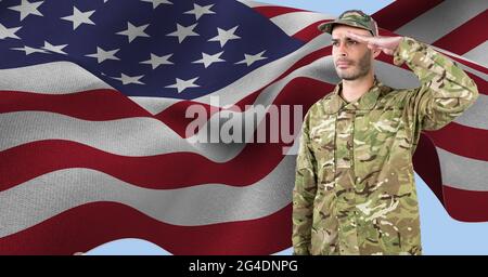 Composition of male soldier saluting over american flag Stock Photo - Alamy
