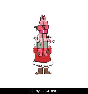 Santa Claus carries many gifts. Stock illustration isolated on white background. Hand drawing of a holiday card.Christmas holidays concept,new year Stock Vector