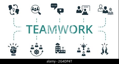 Teamwork icon set. Contains editable icons team building theme such as focus group, project team, motivation and more. Stock Vector