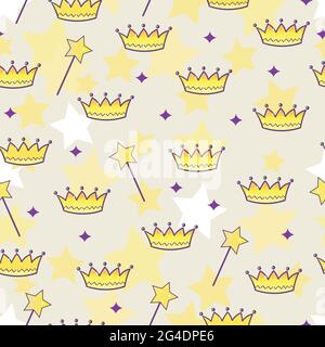 Princess background. Seamless pattern with a gold crown, stars and the magic wand on white background. Cute wallpaper for little princesses Stock Vector