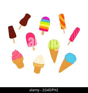 Set of hand-drawn ice-creams. Design sketch element for menu cafe, bistro, restaurant, label and packaging. Vector isolated colorful illustration. Stock Vector