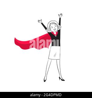 Woman in Supermans Red Cloak isolated on white background. Businesswoman with Hands up.Cartoon superhero standing with cape waving in wind. Concept of Stock Vector
