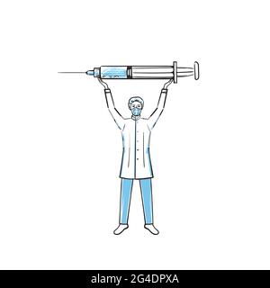 Hand drawing Doctor with big syringe with vaccine isolated on white background.Prevention, immunization, cure and treatment for coronavirus infection Stock Vector