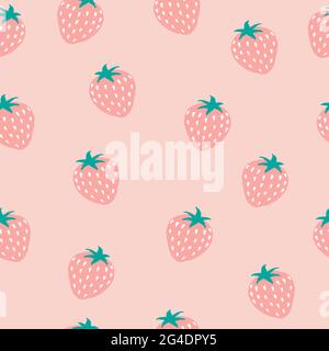 Seamless pattern with strawberries on a pink background. Berry pattern.Scandinavian style. Stock Vector