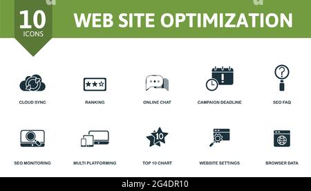 Web Site Optimization icon set. Contains editable icons theme such as cloud sync, online chat, seo faq and more. Stock Vector