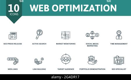 Web Optimization icon set. Contains editable icons seo theme such as seo press release, market monitoring, time management and more. Stock Vector