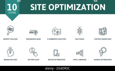 Site Optimization icon set. Contains editable icons seo theme such as market analysis, e-commerce solution, content marketing and more. Stock Vector