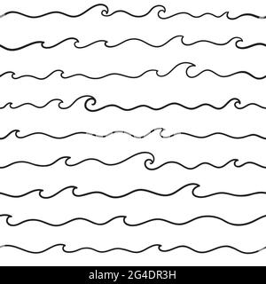 Hand drawing Abstract texture. Seamless pattern with waves of the sea.Endless black line on white background. Stock Vector