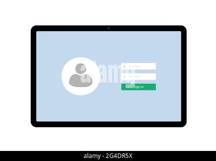 Flat design illustration of tablet with blue touch screen and login form for entering username and password - vector Stock Vector