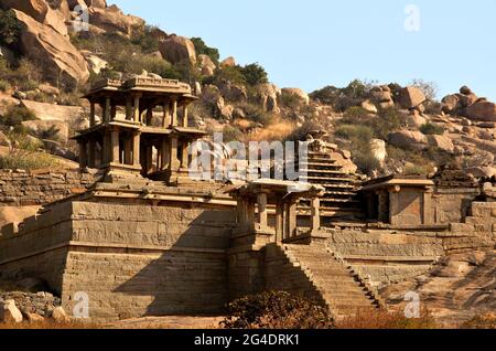 Beautiful view of the amazing Hampi's ruins. Hampi, also referred to as the Group of Monuments at Hampi, is a UNESCO World Heritage Site located in ea Stock Photo