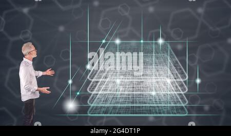 Businessman showing a blockchain technology concept on a wall screen Stock Photo