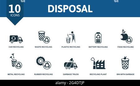 Disposal icon set. Contains editable icons recycling theme such as car recycling, plastic recycling, food recycling and more. Stock Vector