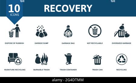 Recovery icon set. Contains editable icons recycling theme such as dispose of rubbish, garbage bag, oversized garbage and more. Stock Vector