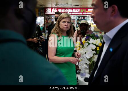 New York, New York, USA. 20th June, 2021. New York City Democratic Candidate Katherine Garcia and New York City Andrew Yang campaign together at the Voting is Justice AAPI Rally at Division Plaza in Chinatown in New York City on June 20, 2021 Credit: Mpi43/Media Punch/Alamy Live News Stock Photo