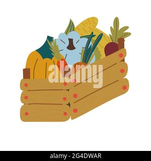 Vector wooden Box with autumn local vegetables.  Stock Vector