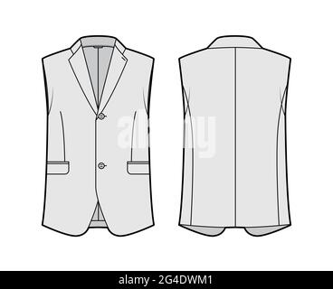 Sleeveless jacket lapelled vest waistcoat technical fashion illustration with single breasted, button-up closure, pockets. Flat template front, back, Stock Vector