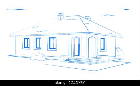 Blue color outline architectural sketch of a detached family house with garden. Vector Stock Vector