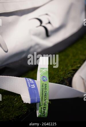 Detail from Roger Federer's tournament bag, Wimbledon, 2014, with an estimate of Â£8,000-12,000, at Christie's in London, one of the items from the Roger Federer Collection which will be offered at auction on June 23, with proceeds going to the RF Foundation. Picture date: Monday June 21, 2021. Stock Photo