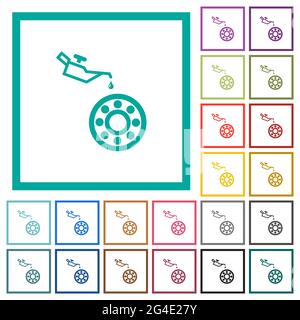 Oiler can and bearings flat color icons with quadrant frames on white background Stock Vector