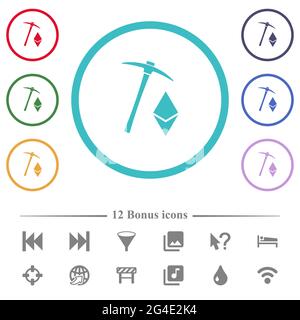 Ethereum cryptocurrency mining flat color icons in circle shape outlines. 12 bonus icons included. Stock Vector