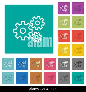 Gears multi colored flat icons on plain square backgrounds. Included white and darker icon variations for hover or active effects. Stock Vector