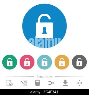 Unlocked padlock with keyhole flat white icons on round color backgrounds. 6 bonus icons included. Stock Vector