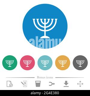 Menorah flat white icons on round color backgrounds. 6 bonus icons included. Stock Vector