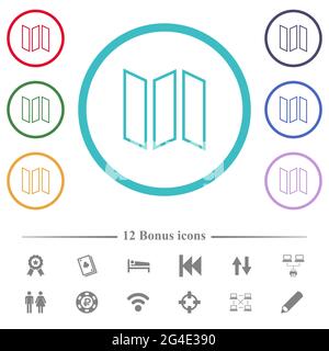 Collapsible map outline flat color icons in circle shape outlines. 12 bonus icons included. Stock Vector