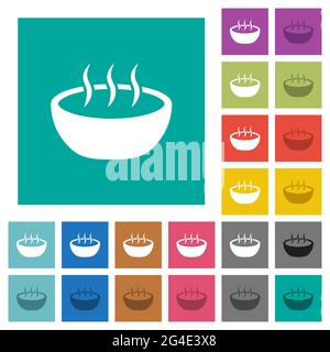 Steaming bowl multi colored flat icons on plain square backgrounds. Included white and darker icon variations for hover or active effects. Stock Vector