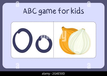 Kid alphabet mini games in cartoon style with letter O - onion. Vector illustration for game design - cut and play. Learn abc with fruit and vegetable flash cards. Stock Vector