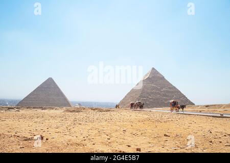 May 18, 2021. Giza, Cairo, Egypt. tourists in a horse-drawn carriage with the ancient pyramids of Giza on background Stock Photo