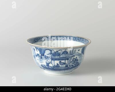 . Bell-shaped bowl of porcelain on a thick foot ring, painted in underglaze blue. On the outside wall a box with a sailing boat in a river landscape. Three men sit on the deck at a table under a parasol; Two men control the boat at the back. On the other side of the outer wall a long poem. Marked on the bottom with the four-character mark of Emperor Yongle in a circle. To the circle and on the inner edge a bond with stylized lotus drinks. The edge has been shaded. A crack in the wall. Blue White. Stock Photo