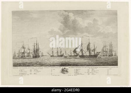 . View of the ships of the Dutch war fleet under command of schout-at-night Jan van Kruyne, on the reason of Fort Rammekens in Zeeland, 1782-1783. In the margin the coat of arms of Zeeland and the legend with the names of ships with the captains and the numbers of pieces. Stock Photo