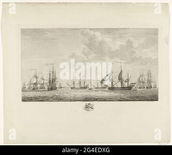 . View of the ships of the Dutch war fleet under command of schout-at-night Jan van Kruyne, on the reason of Fort Rammekens in Zeeland, 1782-1783. In the margin the coat of arms of Zeeland. Stock Photo