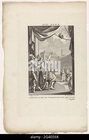 . In an amphitheater full of figures, King Herod assigns Agrippa from his throne to an owl that is above his head. The appearance of the owl is the sign of agrippa's death. This print is an illustration at the seventh chapter of the nineteenth book of 'All the works of Flavius Josephus'. Stock Photo