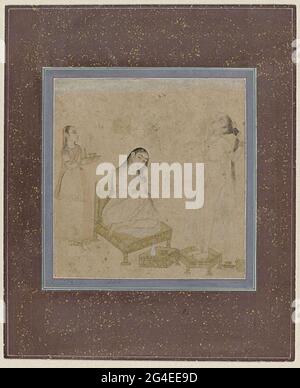 . In the middle there is a woman on a golden throne and combs her hair, left behind the throne is a servant with a leaf with carafe and two cups; Right front of the throne a third woman is in a bowl and washes her hair. The performance is framed by a narrow frame edge in gray with frameworks in red and yellow and thing up a wide purple border with gold and a frame line in gray. Stock Photo
