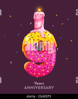 Birthday cake font number 9 with candle. Nine year anniversary. Tasty collection. Vector illustration Stock Vector