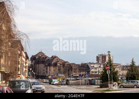 Picture of the city park of Mladenovac, Serbia, with the local green market, called pijaca. Mladenovac is a municipality of the city of Belgrade. Acco Stock Photo