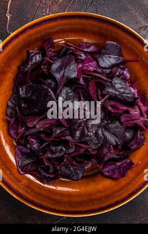 Raw Ruby or red chard salad Leafs on a rustic plate. Dark background. Top view Stock Photo