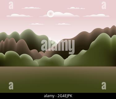 Hills, mountains landscape in flat style design. Beautiful field, sky, cloud and sun. Rural location with valley forest, trees. Green pink gradient pa Stock Vector