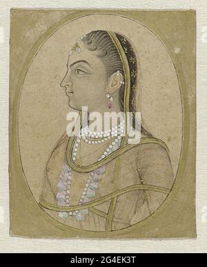 . A miniature portrait of a lady with profile to the left, in an oval, with a golden edge on beige paper. The oval portrait is stuck on a pink painted square with a motif of leaflets in gold and the whole is stuck on a rectangular piece of cardboard with a black frame line around the decorative paper. Stock Photo