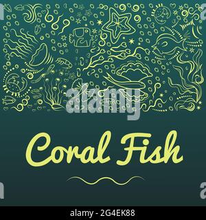 Marine sample of deep-sea fish, algae. Monochrome, frame for banners, advertising of marine products, aquariums. Yellow silhouettes on a green backgro Stock Vector