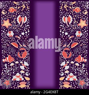 Marine sample of deep-sea fish, algae. Bright colored frame for banners, advertising of marine products, aquariums. On a red luminous background. Plac Stock Vector