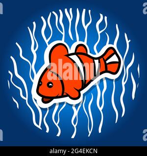 Fish parrot, orange, on a background of algae. Narrow character, In a flat style. Vector illustration. Stock Vector