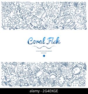 Marine pattern of deep-sea fish, algae. Monochrome, frame for banners, advertising of marine products, aquariums. Blue silhouette of their lines on a Stock Vector