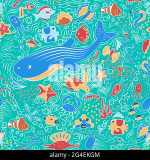 Seamless sea ornamental pattern. Sink, fish, starfish, skates, octopus and other deep-sea animals of the sea and ocean. Beautiful marine aquarium. On Stock Vector
