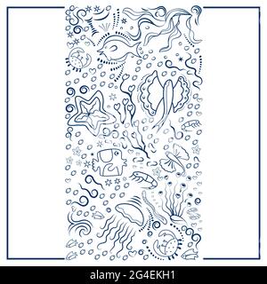Sea pattern, vertical, with deep-sea fish, seaweed. Monochrome, frame for banners, advertising of marine products, aquariums. Black silhouettes on whi Stock Vector